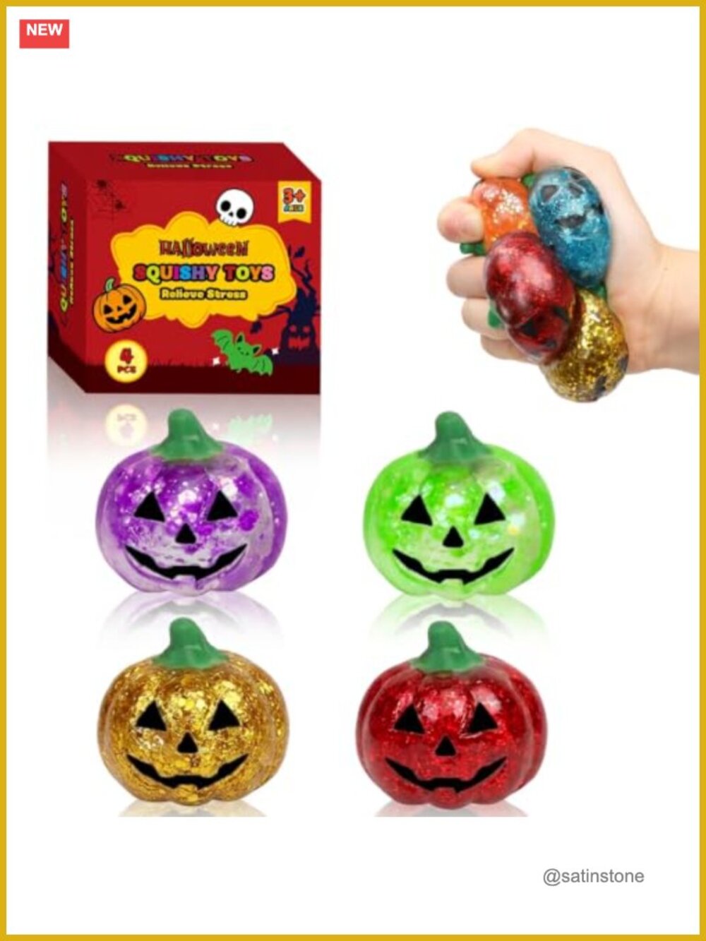 4 Pack Halloween Pumpkin Squishy Toys Glitter Stress Relief Fidget for Kids